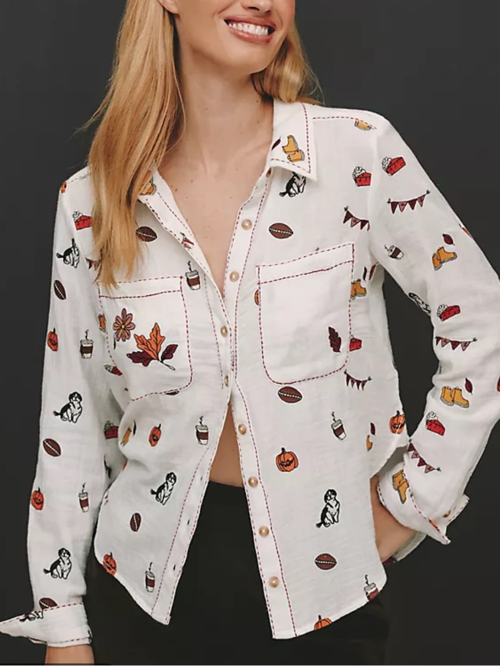 NWOT Pilcro Anthropologie Embroidered Fall Icon Buttondown Top